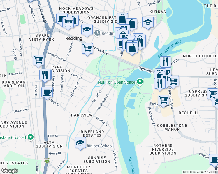 map of restaurants, bars, coffee shops, grocery stores, and more near 409 Smile Place in Redding