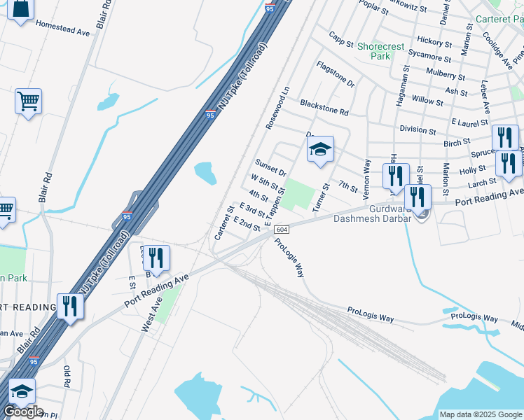 map of restaurants, bars, coffee shops, grocery stores, and more near 35 East 3rd Street in Woodbridge Township