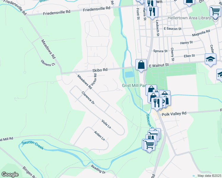 map of restaurants, bars, coffee shops, grocery stores, and more near 1841 Mallard Court in Hellertown