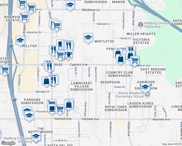 map of restaurants, bars, coffee shops, grocery stores, and more near 2571 Irwin Road in Redding