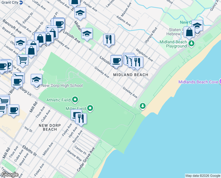 map of restaurants, bars, coffee shops, grocery stores, and more near 564 Greeley Avenue in Staten Island