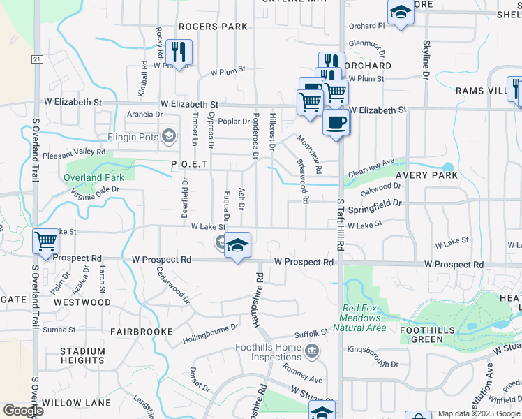map of restaurants, bars, coffee shops, grocery stores, and more near 1300 Ponderosa Drive in Fort Collins