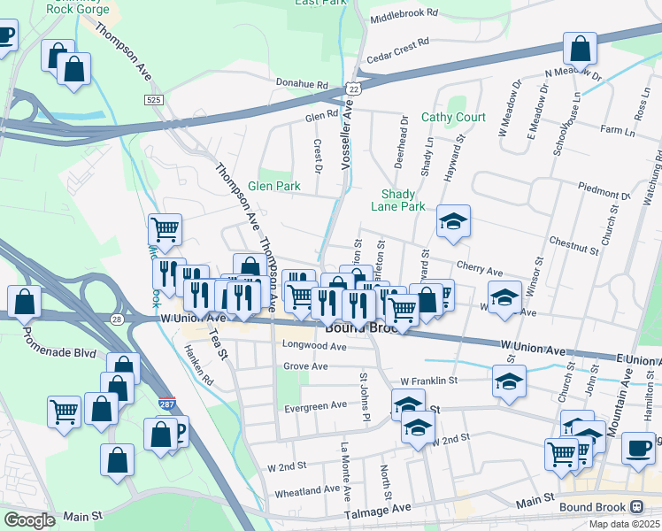map of restaurants, bars, coffee shops, grocery stores, and more near 522 Vosseller Avenue in Bound Brook