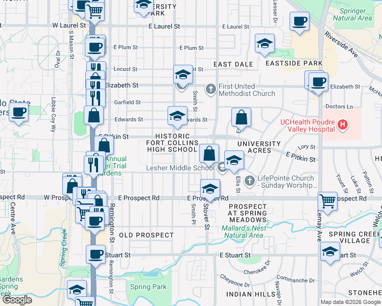 map of restaurants, bars, coffee shops, grocery stores, and more near 30 Circle Drive in Fort Collins