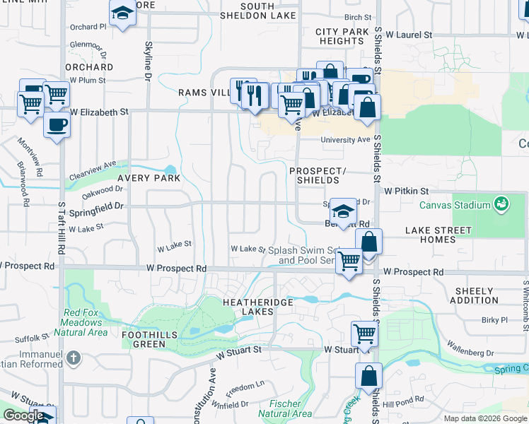 map of restaurants, bars, coffee shops, grocery stores, and more near 1227 Fairview Drive in Fort Collins