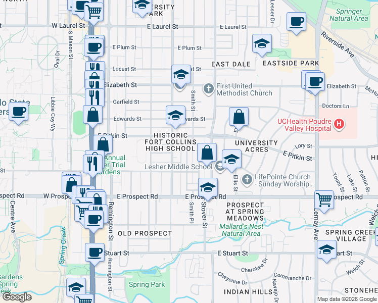 map of restaurants, bars, coffee shops, grocery stores, and more near 30 Circle Drive in Fort Collins