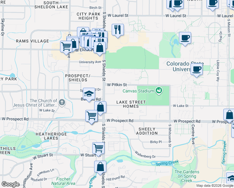 map of restaurants, bars, coffee shops, grocery stores, and more near 928 James Court in Fort Collins