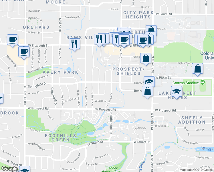map of restaurants, bars, coffee shops, grocery stores, and more near 1227 Fairview Drive in Fort Collins