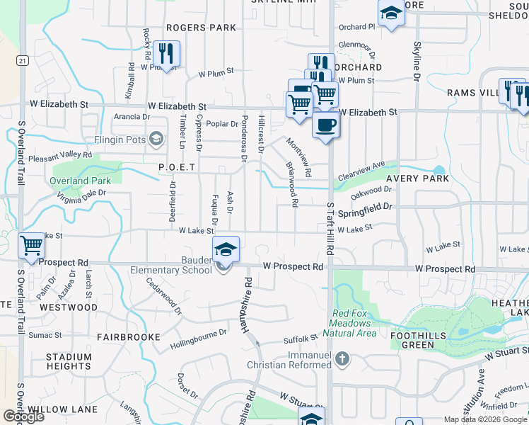 map of restaurants, bars, coffee shops, grocery stores, and more near 1213 Village Lane in Fort Collins