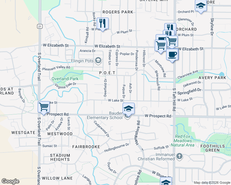 map of restaurants, bars, coffee shops, grocery stores, and more near 1123 Cypress Drive in Fort Collins