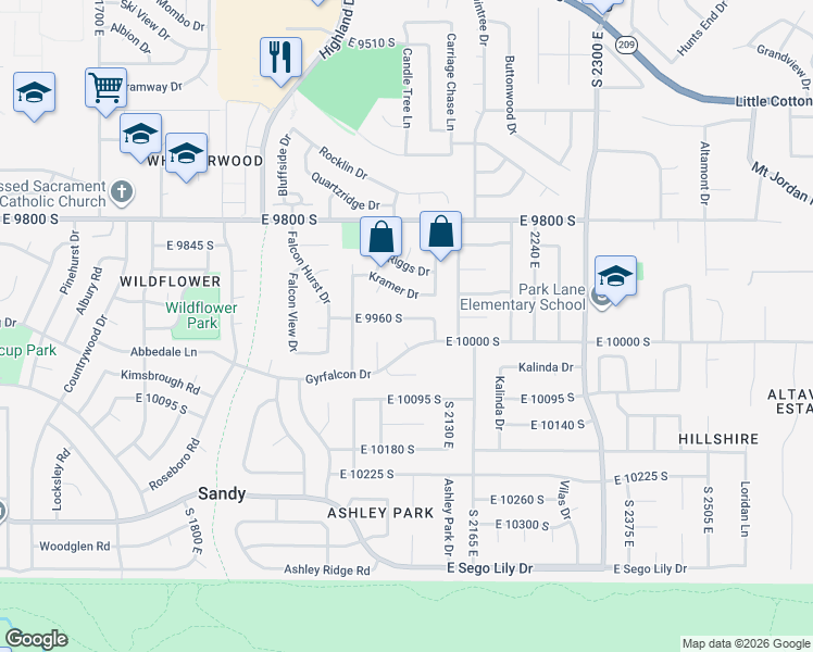 map of restaurants, bars, coffee shops, grocery stores, and more near 2095 Falcon Hill Drive in Sandy
