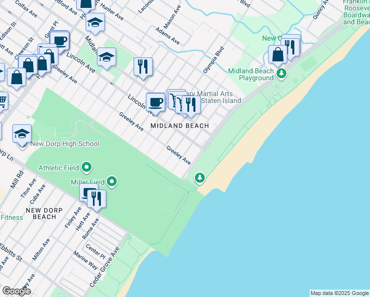 map of restaurants, bars, coffee shops, grocery stores, and more near 1215 Fr Capodanno Boulevard in Staten Island