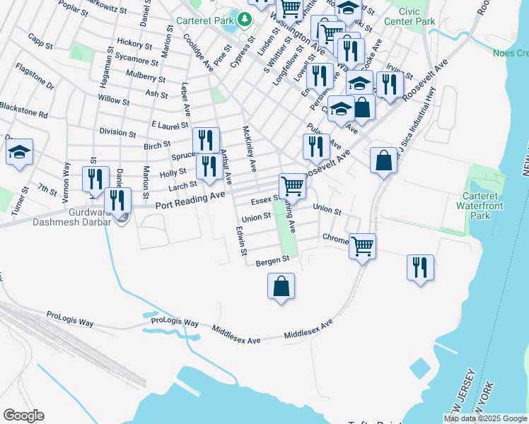 map of restaurants, bars, coffee shops, grocery stores, and more near 43 Essex Street in Carteret