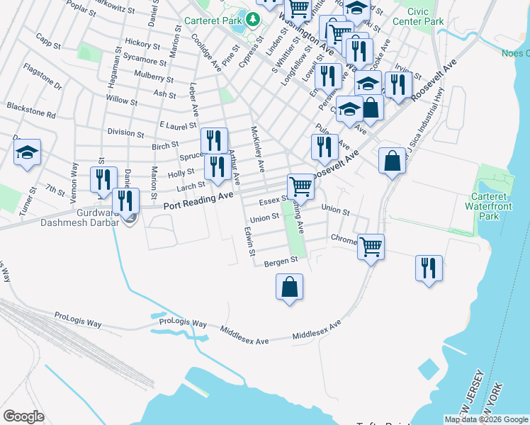 map of restaurants, bars, coffee shops, grocery stores, and more near 43 Essex Street in Carteret