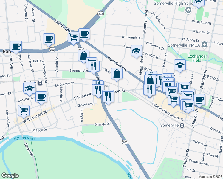 map of restaurants, bars, coffee shops, grocery stores, and more near 35 North Middaugh Street in Somerville