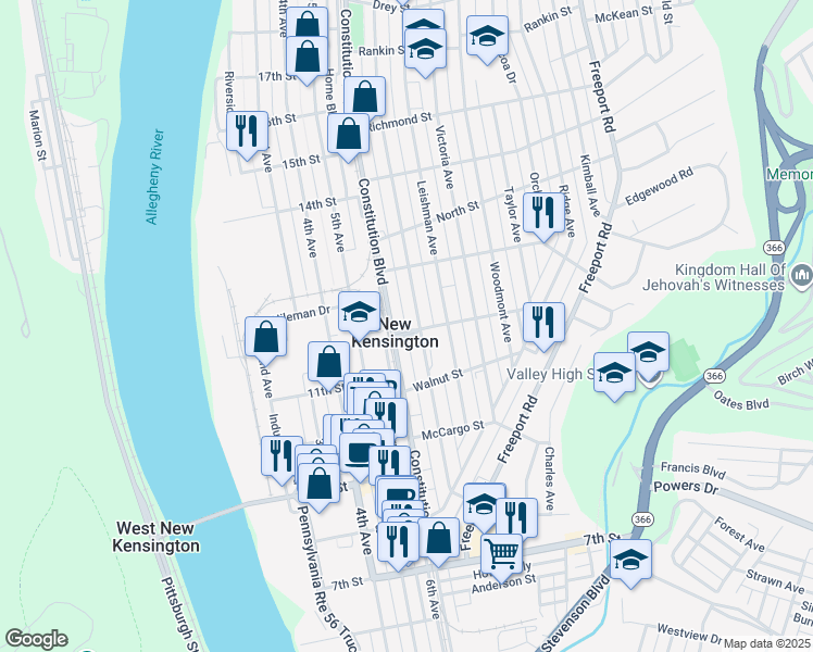 map of restaurants, bars, coffee shops, grocery stores, and more near 1223 Kenneth Avenue in New Kensington