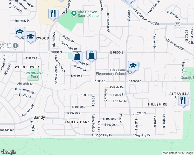 map of restaurants, bars, coffee shops, grocery stores, and more near 9971 Borg Drive in Sandy
