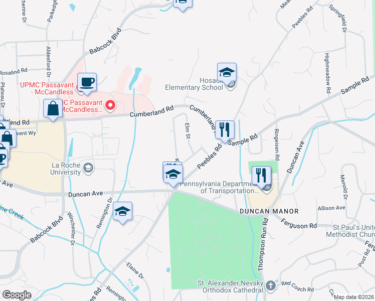 map of restaurants, bars, coffee shops, grocery stores, and more near 8961 Elm Street in McCandless