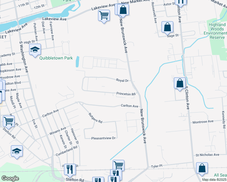 map of restaurants, bars, coffee shops, grocery stores, and more near 120 Princeton Road in Piscataway