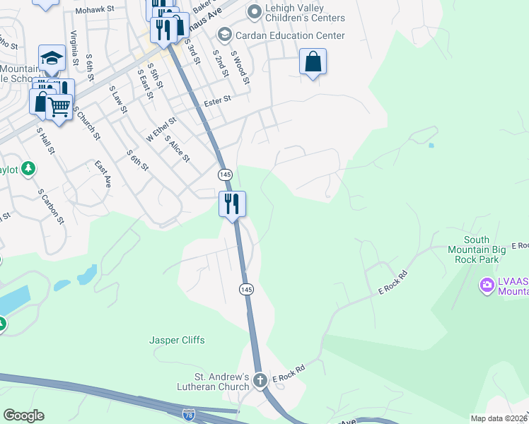 map of restaurants, bars, coffee shops, grocery stores, and more near 1 Mountain Park Road in Allentown