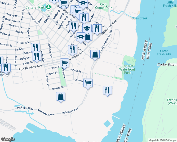 map of restaurants, bars, coffee shops, grocery stores, and more near 110 Middlesex Avenue in Carteret