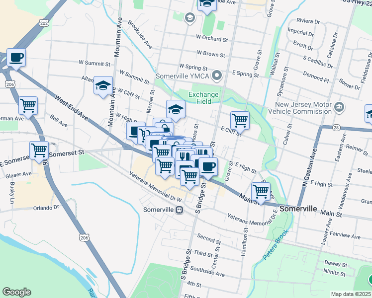 map of restaurants, bars, coffee shops, grocery stores, and more near 40 West High Street in Somerville