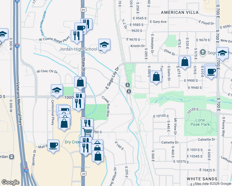map of restaurants, bars, coffee shops, grocery stores, and more near 118 East Sego Lily Drive in Sandy