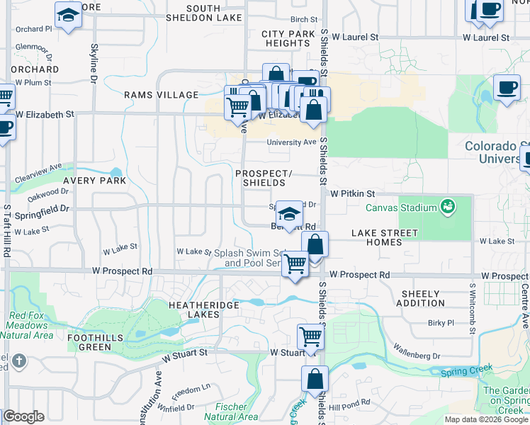 map of restaurants, bars, coffee shops, grocery stores, and more near 1220 Springfield Drive in Fort Collins