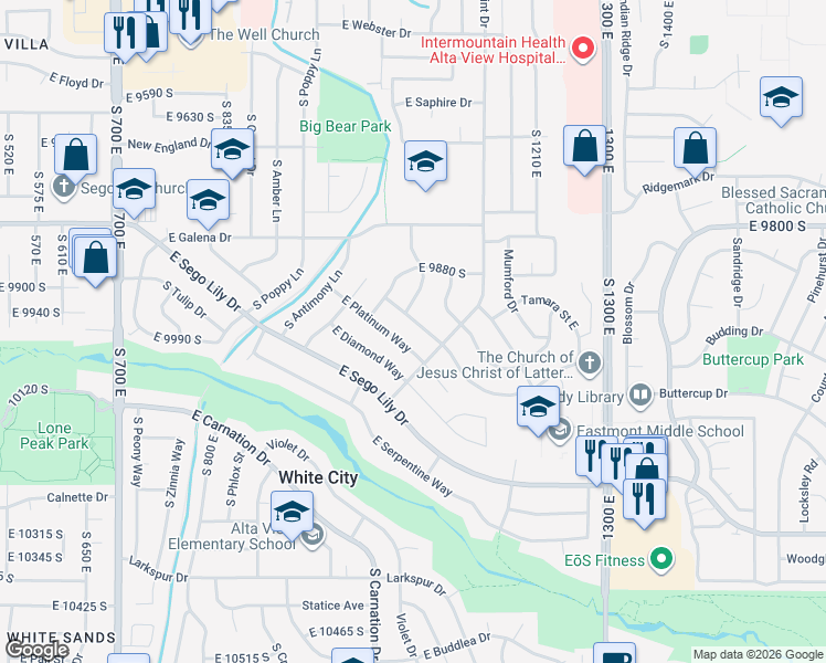 map of restaurants, bars, coffee shops, grocery stores, and more near 1050 South Turquoise Way in Sandy