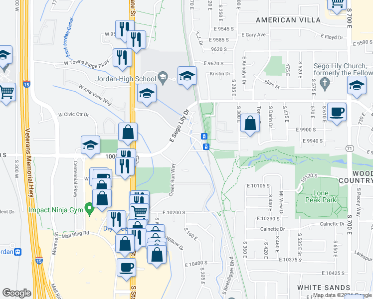 map of restaurants, bars, coffee shops, grocery stores, and more near 118 East Sego Lily Drive in Sandy