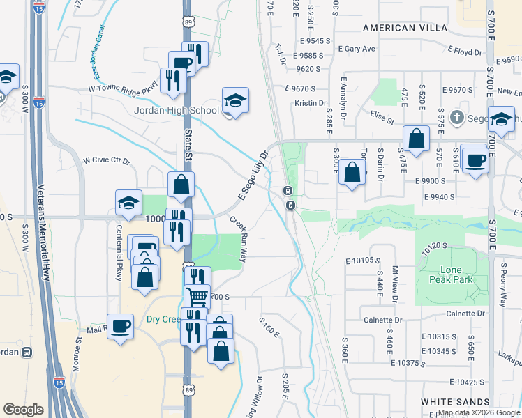map of restaurants, bars, coffee shops, grocery stores, and more near 118 East Sego Lily Drive in Sandy