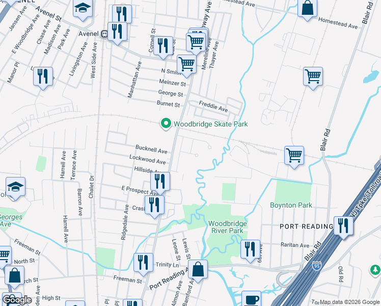 map of restaurants, bars, coffee shops, grocery stores, and more near 910 Kings Court in Woodbridge Township