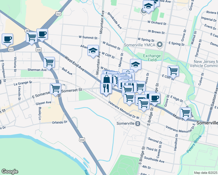 map of restaurants, bars, coffee shops, grocery stores, and more near 196 West Main Street in Somerville