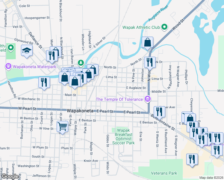 map of restaurants, bars, coffee shops, grocery stores, and more near 310 East Auglaize Street in Wapakoneta
