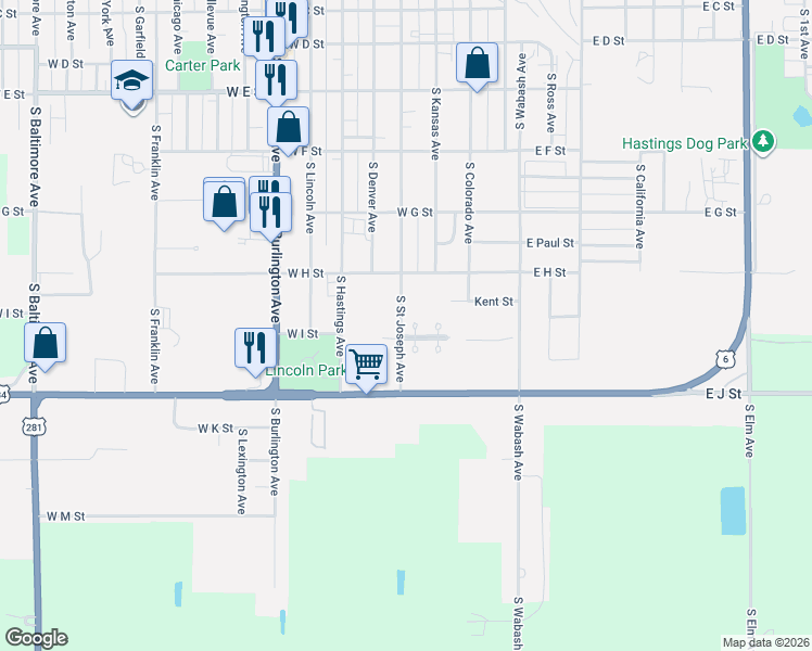 map of restaurants, bars, coffee shops, grocery stores, and more near 1030 South Saint Joseph Avenue in Hastings