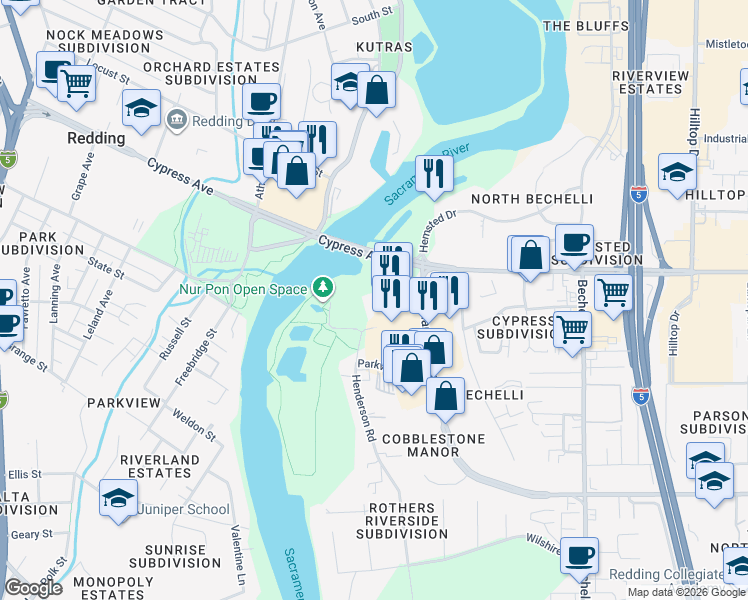 map of restaurants, bars, coffee shops, grocery stores, and more near 2448 Henderson Road in Redding