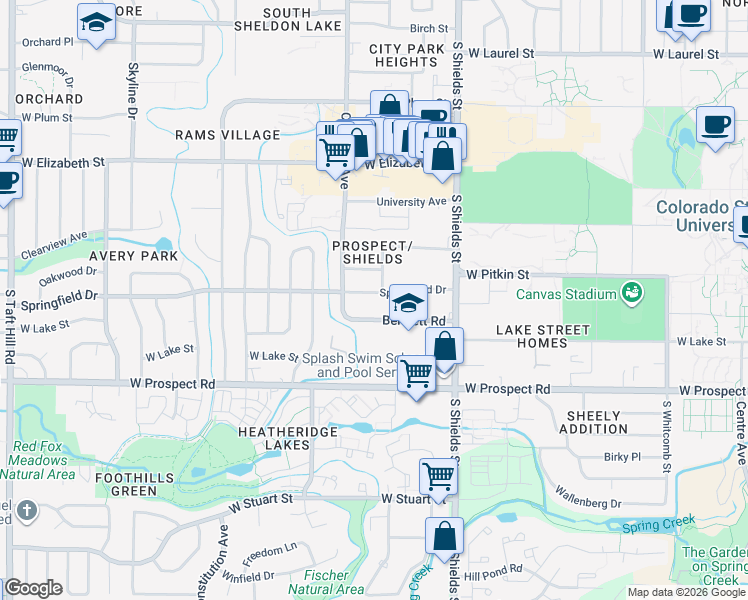 map of restaurants, bars, coffee shops, grocery stores, and more near 1220 Springfield Drive in Fort Collins