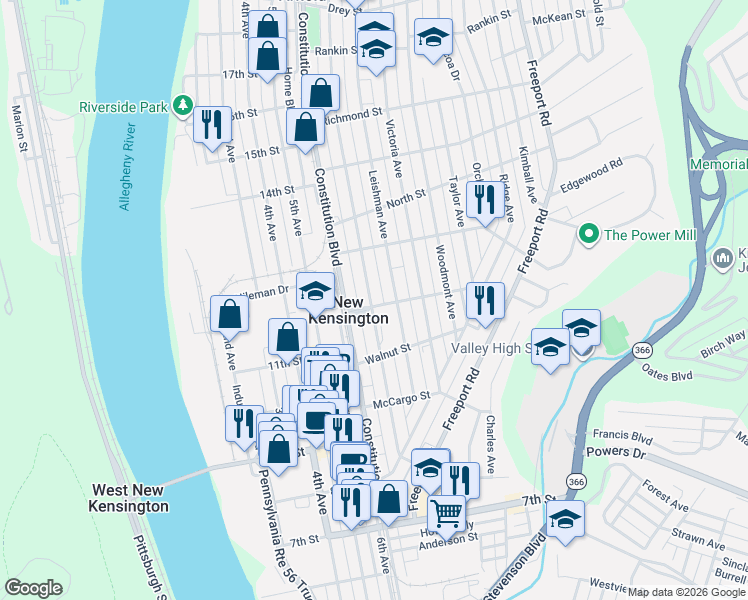map of restaurants, bars, coffee shops, grocery stores, and more near 1223 Kenneth Avenue in New Kensington