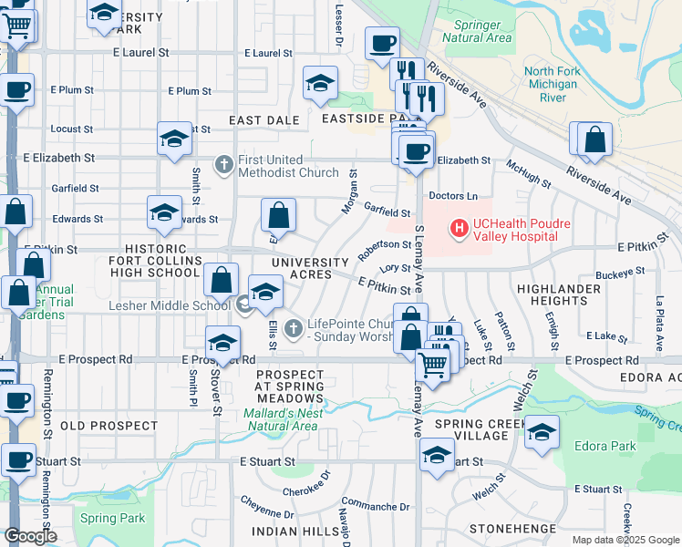 map of restaurants, bars, coffee shops, grocery stores, and more near East Pitkin Street in Fort Collins