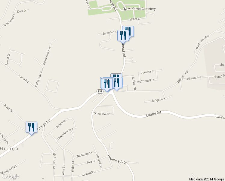 map of restaurants, bars, coffee shops, grocery stores, and more near 3003 Heights Rd in Aliquippa