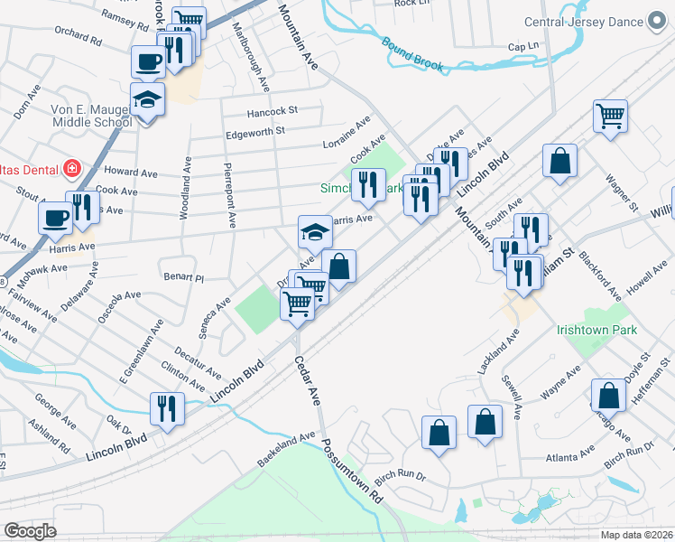 map of restaurants, bars, coffee shops, grocery stores, and more near 456 Drake Avenue in Middlesex