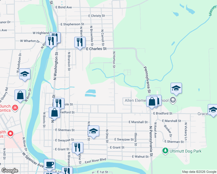 map of restaurants, bars, coffee shops, grocery stores, and more near 601 East Morton Street in Marion