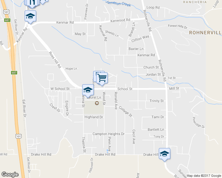 map of restaurants, bars, coffee shops, grocery stores, and more near 3058 School Street in Fortuna