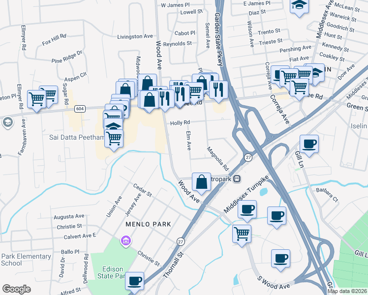 map of restaurants, bars, coffee shops, grocery stores, and more near 75 Elm Avenue in Woodbridge Township