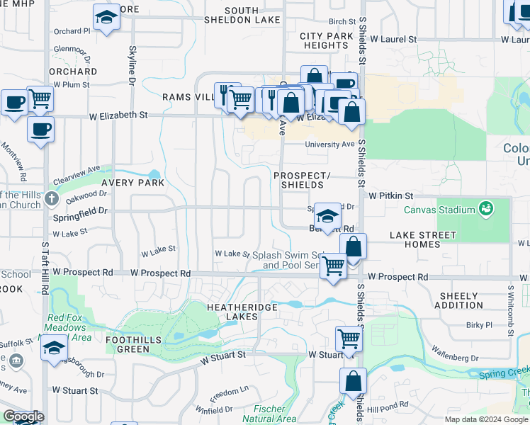 map of restaurants, bars, coffee shops, grocery stores, and more near 1300 Lynnwood Drive in Fort Collins