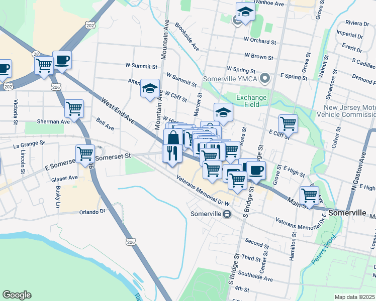 map of restaurants, bars, coffee shops, grocery stores, and more near 196 West Main Street in Somerville