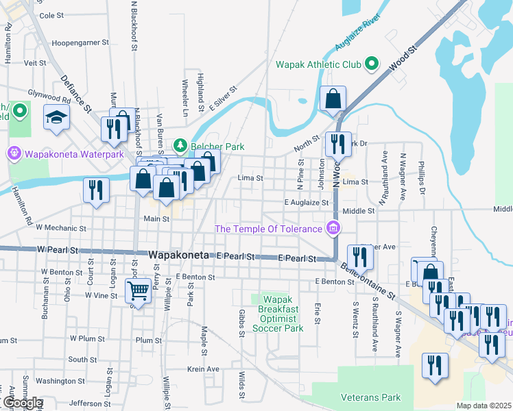map of restaurants, bars, coffee shops, grocery stores, and more near 310 East Auglaize Street in Wapakoneta