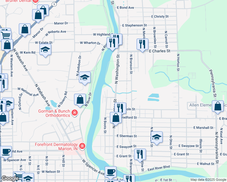 map of restaurants, bars, coffee shops, grocery stores, and more near 712 North Boots Street in Marion