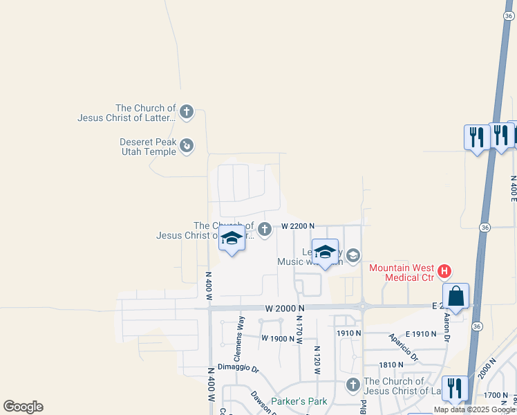 map of restaurants, bars, coffee shops, grocery stores, and more near 266 West 2240 North in Tooele