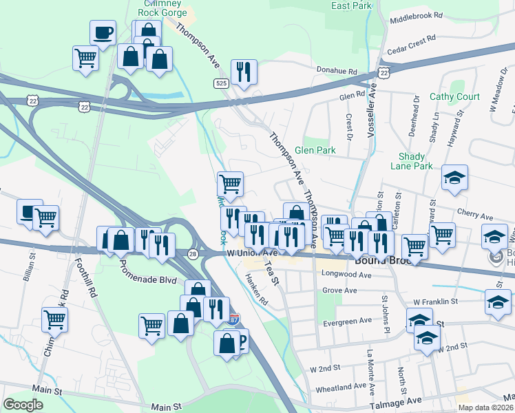 map of restaurants, bars, coffee shops, grocery stores, and more near 622 Legion Court in Bound Brook